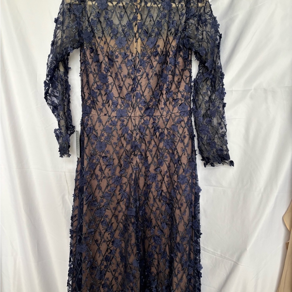 Tadashi Shoji Navy Blue Floral Appliqué Long Sleeve Dress - Picture 2 of 6
